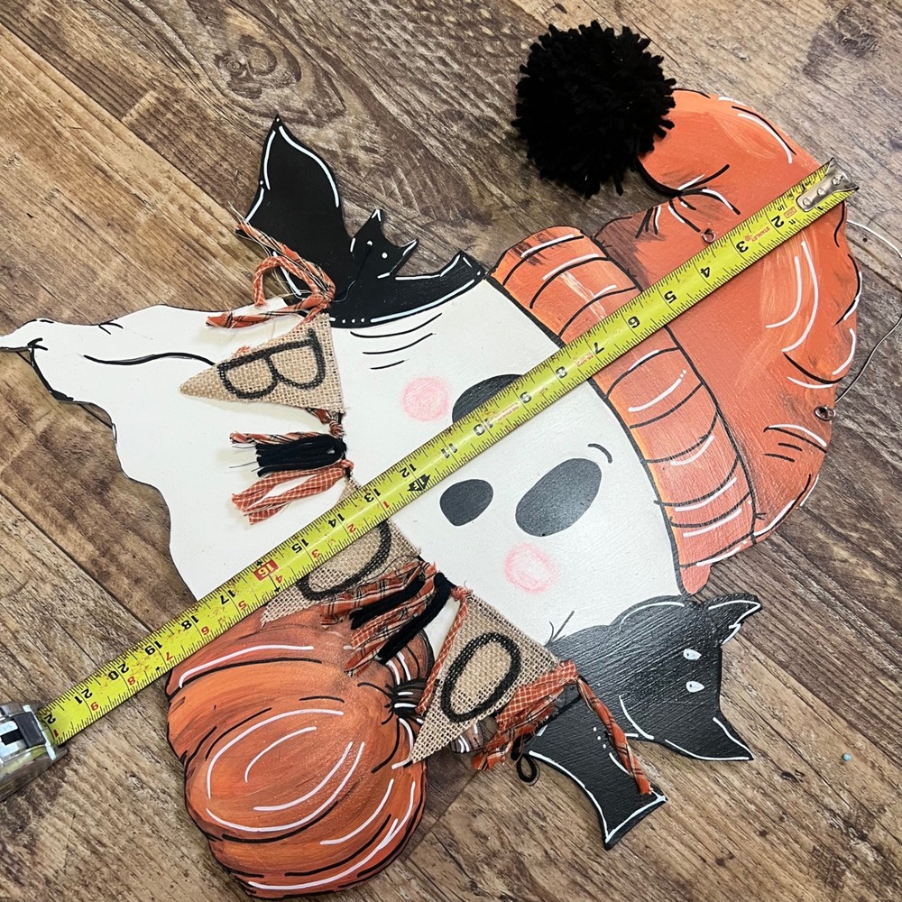 Halloween Ghost Wooden Door Hanger Boo Banner Pumpkin Bats Wall Decor 21x19 - Picture 4 of 11